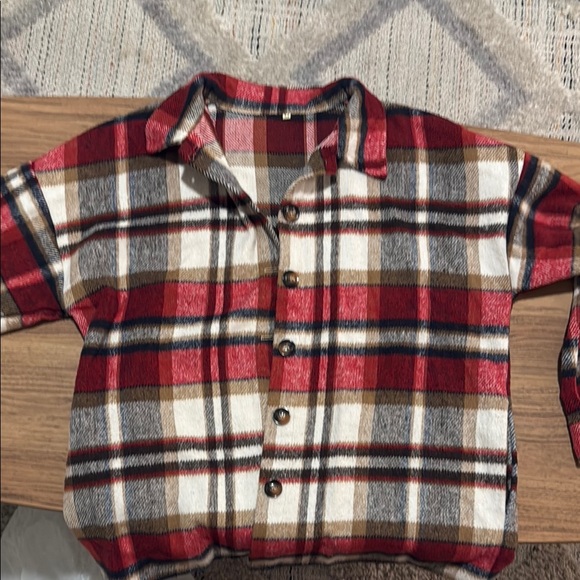 Jackets & Blazers - Red and Brown Plaid Fuzzy Shacket